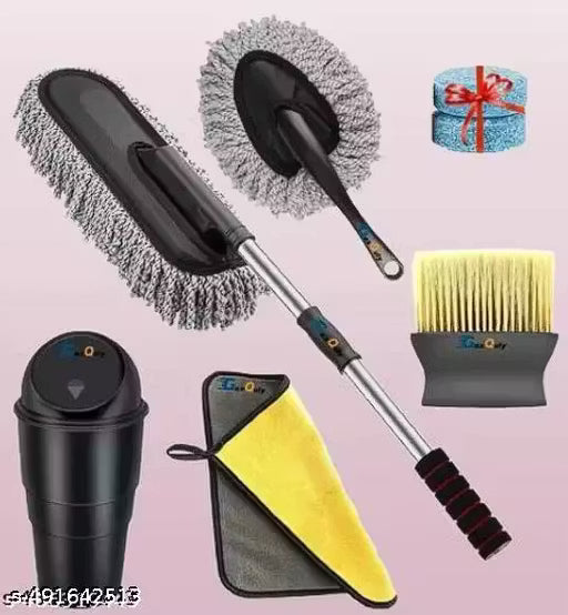 GLEAMIFY 6 PCs Microfiber Car Duster with Long Handle Car Cleaning Brush mini , Car Cleaning Cloth Car Exteriror and Interiror Ac Vent Cleaner Brush , Glass Wash Cleaning tablet (5psc ) , Car Mnini Dustbin Motorbike, SUVs Car Cleaning Kit