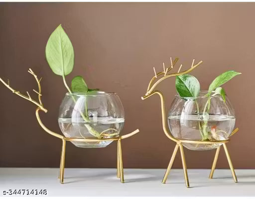 New Innovative Handicrafts Glass Planter Holder Deer |Glass Pot| Glass Flower Pot| Glass Flower Round Vase Handmade for Decorate House (Set of 2) (Gold)